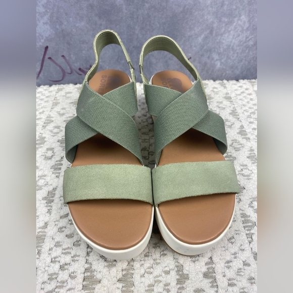 SOREL Cameron Flatform Slingback Suede/Fabric Sandals-Chrome Grey/Chalk Size 8 - Picture 9 of 13